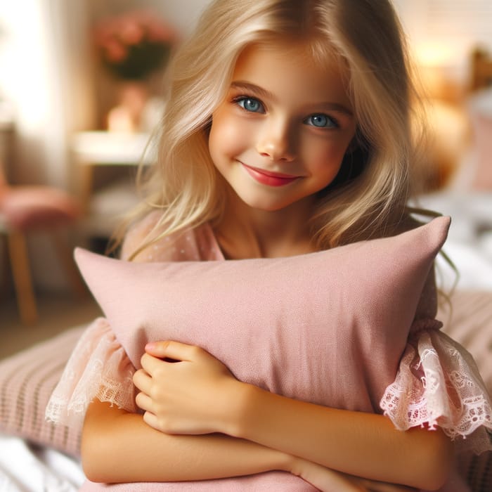 Young Blonde Girl with Sparkling Blue Eyes Hugging Pink Pillow