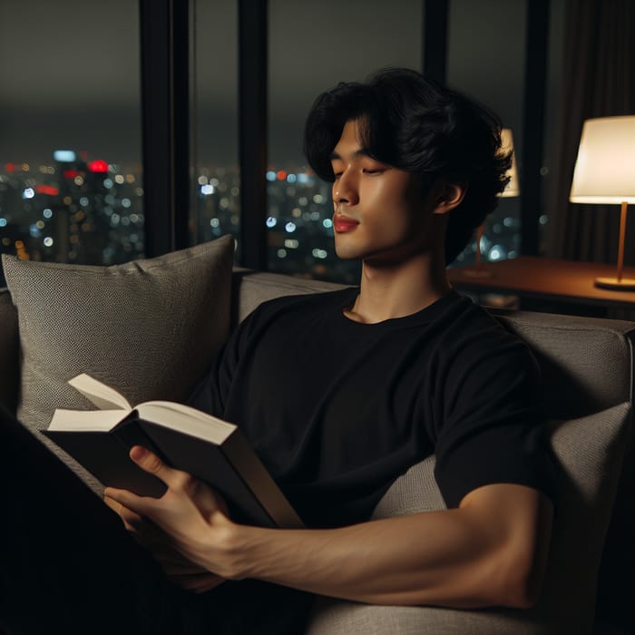 BTS Jeon Jungkook Relaxes with Book on Sofa in City Lights