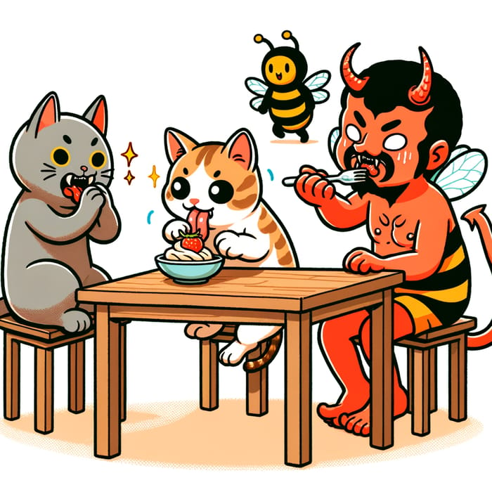 Cat Eating Brown Table with Demon and Bee-Person