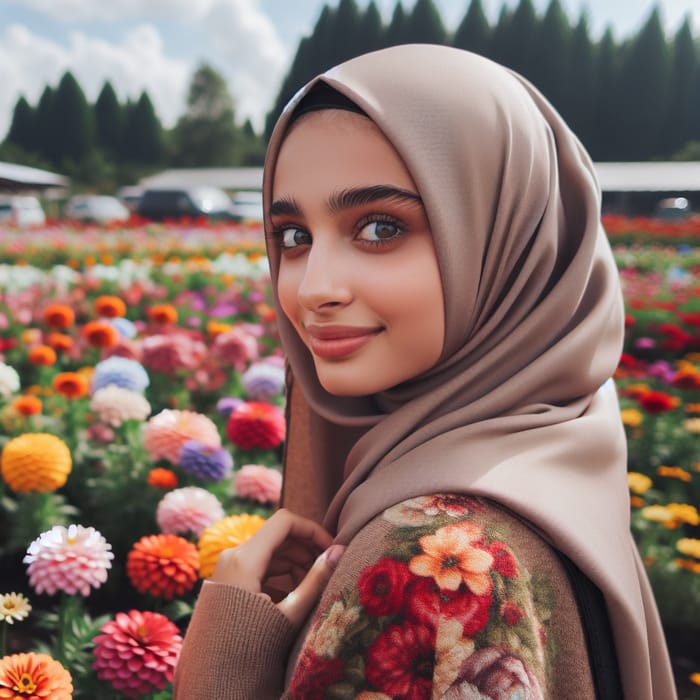 Middle Eastern Girl Surrounded by Colorful Flowers Under Bright Sky