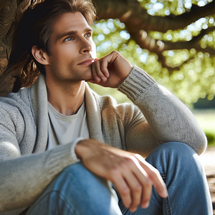 Thoughtful Man By Tree | Serenity & Contemplation