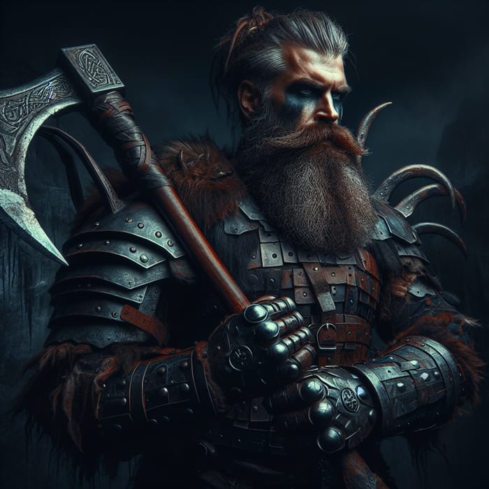Bearded Viking Barbarian in Leather Armor with Greataxe
