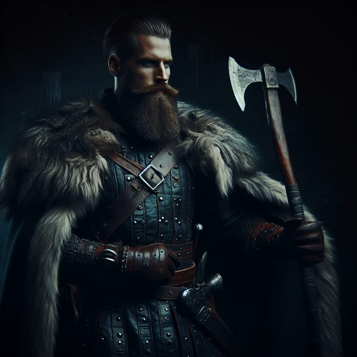 Bearded Male Viking Barbarian with Greataxe in Leather Armor - Grimdark Style