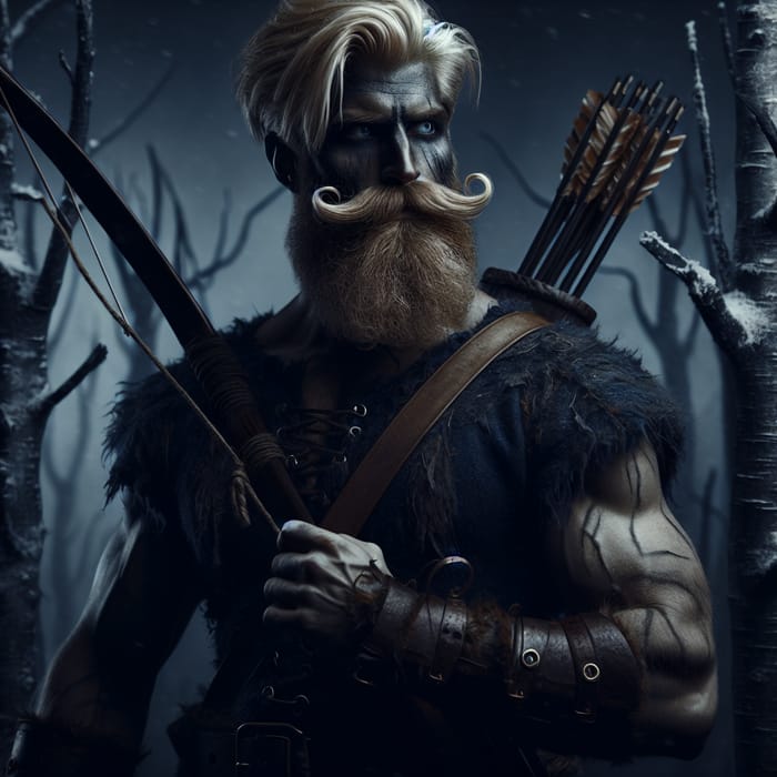 Bearded Viking D&D Hunter with Bow in Winter Forest