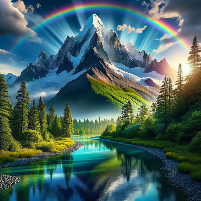 Beautiful Mountain with Rainbow and Riverfront