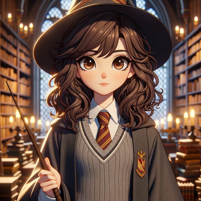 Hermione Animation: Wavy Brown Hair, Magic Wand & Wizard Attire