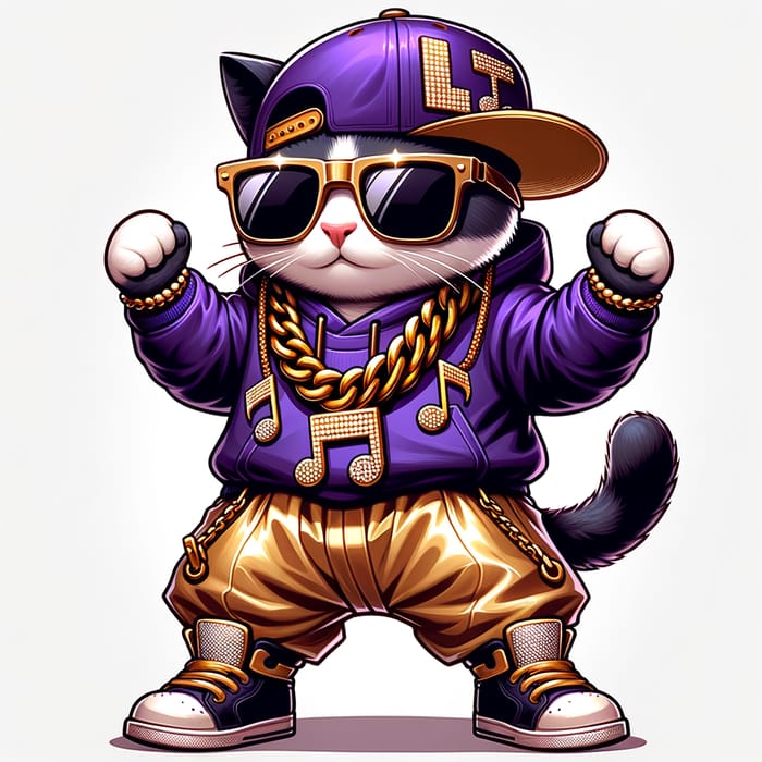 Hip Hop Cat in Gold Trousers & Purple Hoodie