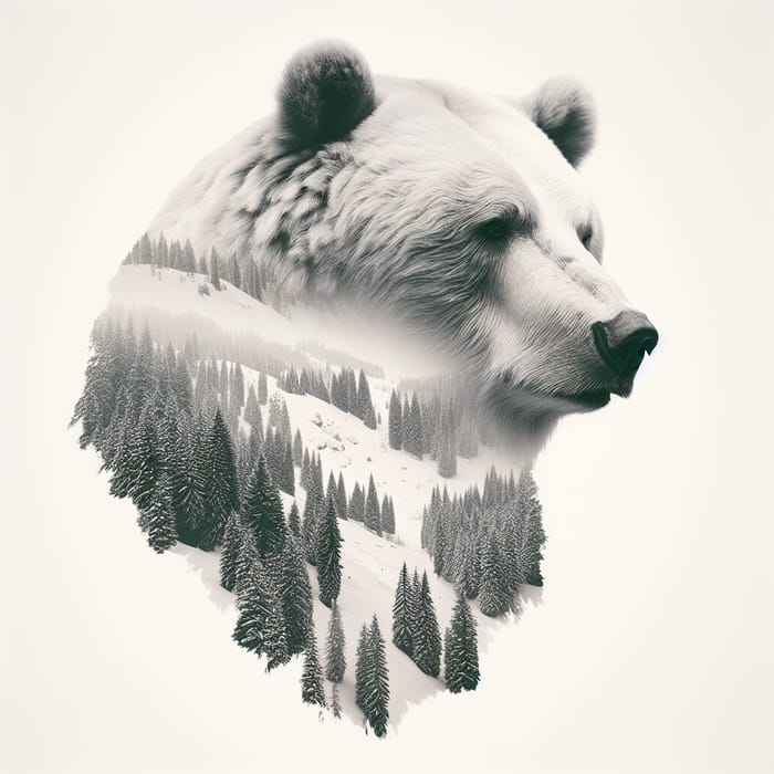 Anachronistic Double Exposure: Surreal Bear Portrait in Snowy Landscape