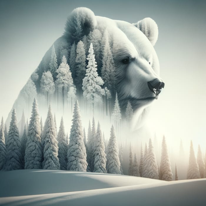 Surreal Bear in Snowy Landscape: Minimalist Double Exposure