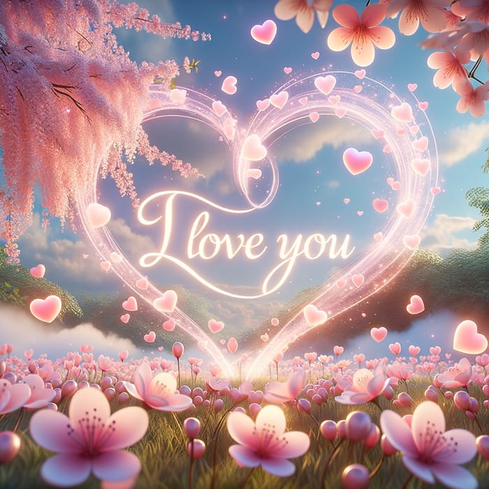 Romantic 'I Love You' Scene with Hearts and Cherry Blossoms