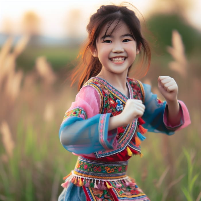 Girl Dancing in Traditional Clothing at Sunset