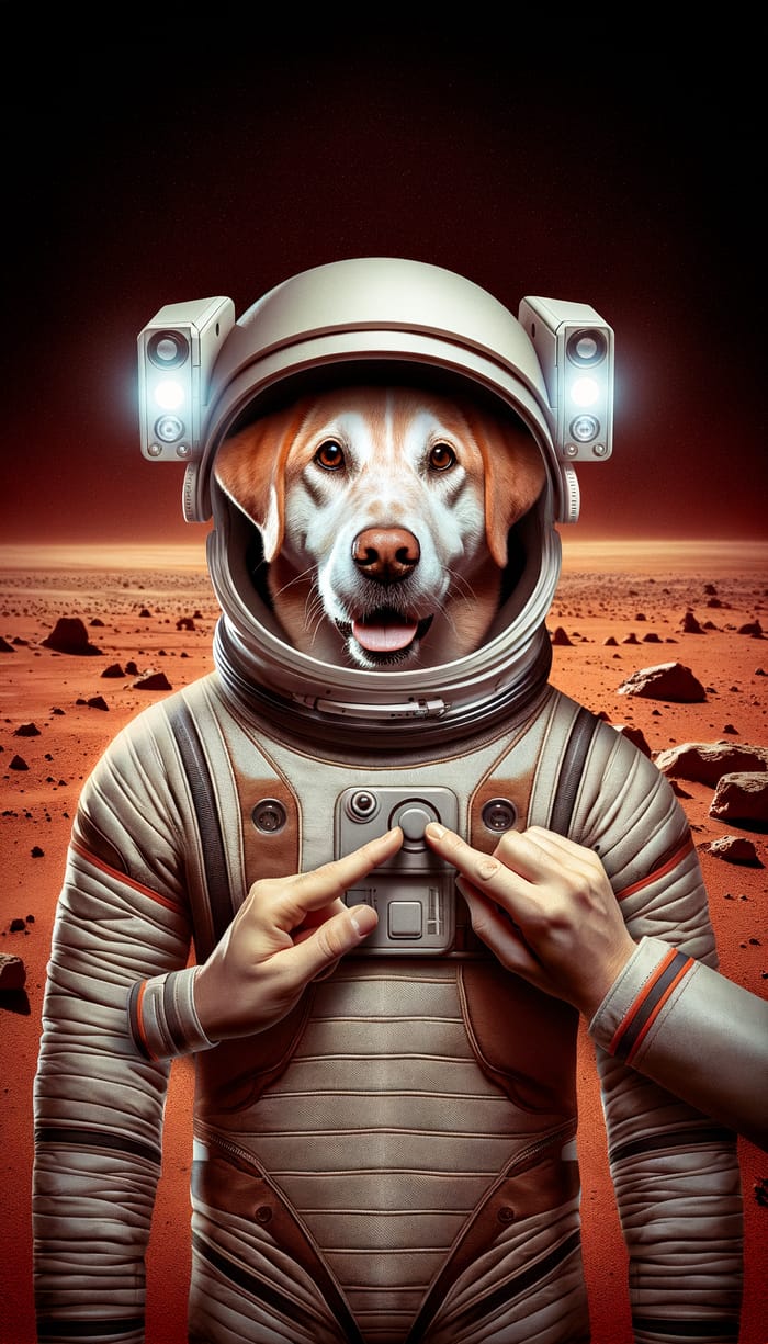 Intrepid Dog Astronaut in Space Suit with Mars Backdrop