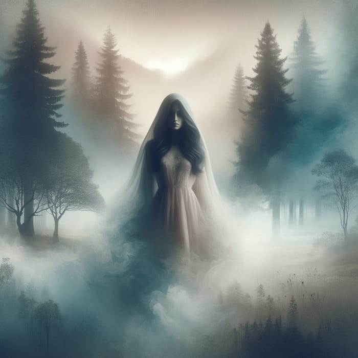Mysterious Woman in Ethereal Foggy Forest | Mystical Dreamlike Painting