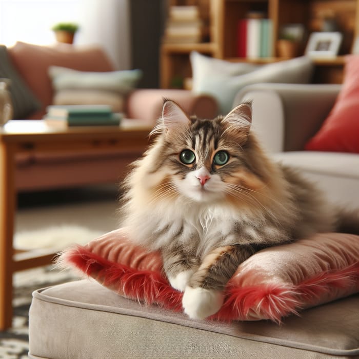 Majestic Fluffy Domestic Cat on Cozy Plush Cushion
