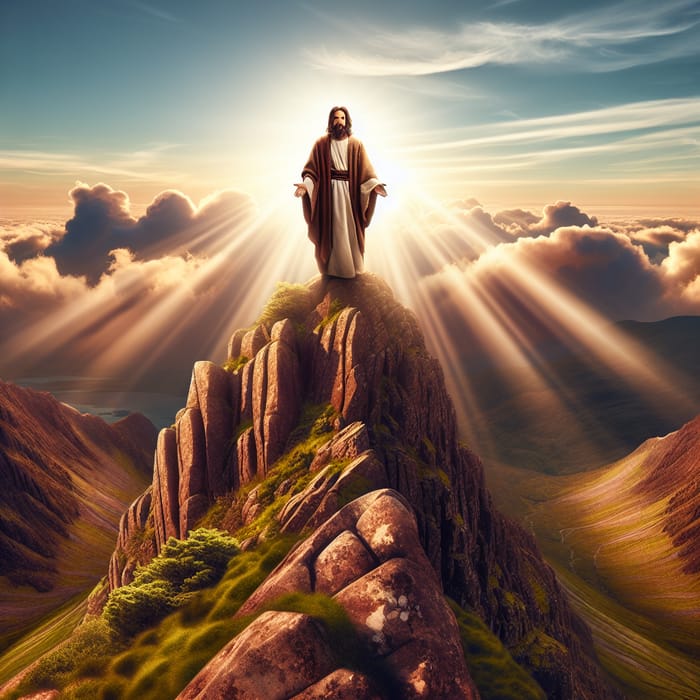 Serene Jesus atop Towering Mountain