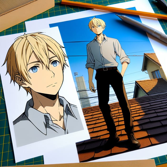 Anime Style Illustration of Short-Haired Blond Man on Roof