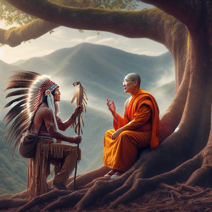 Buddhist Monk Engaging in Dialogue with Native American
