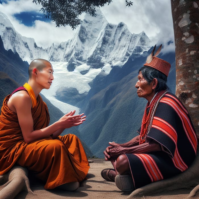 Buddhist Monk Conversing With Sierra Nevada Indigenous Person in Colombia