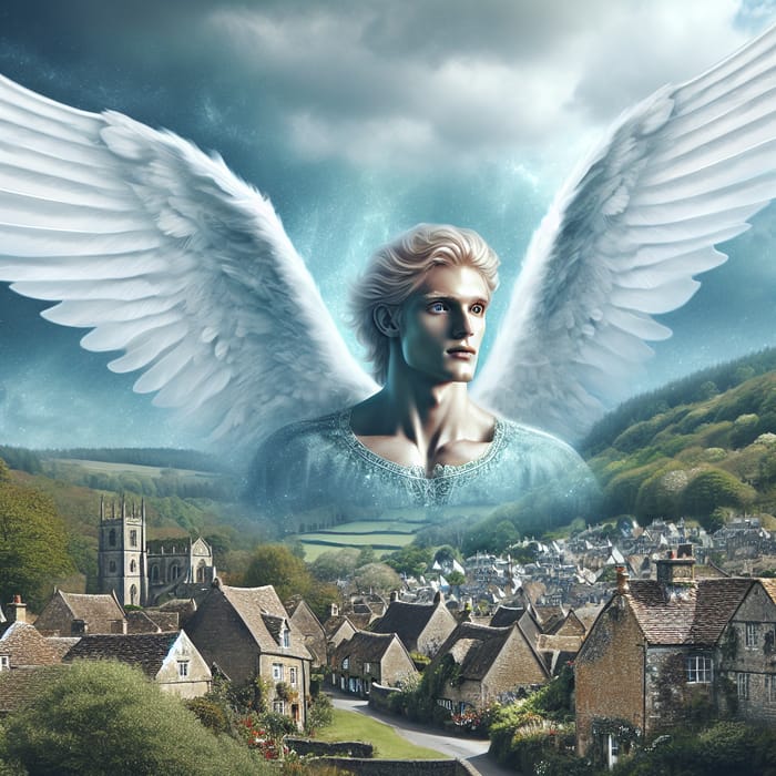 Ethereal Archangel Soaring Over Snow-White Village