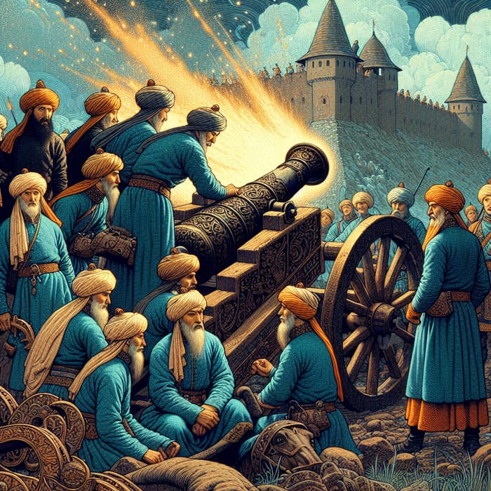 Mongol Troops with Turkish Cannon Attack Polish Castle Art
