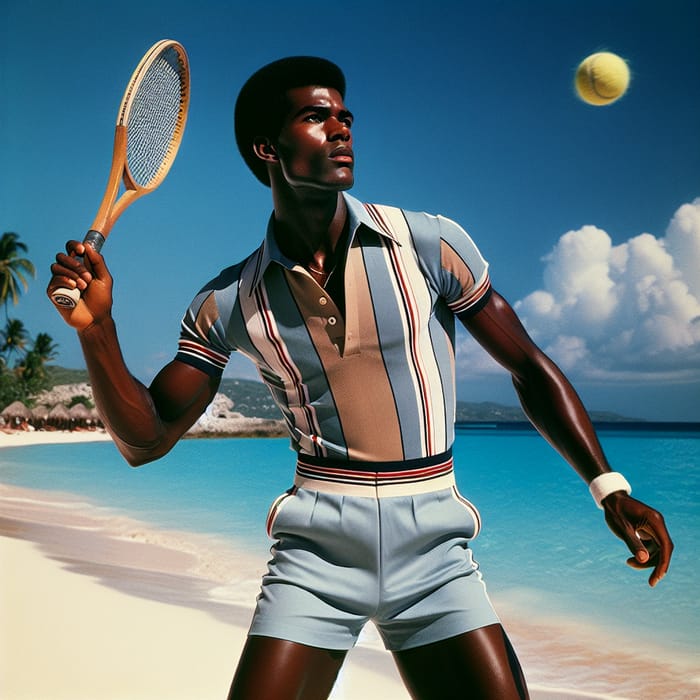 Vintage Tennis Player in Haiti 1980 Serving on Sun-Bathed Beach