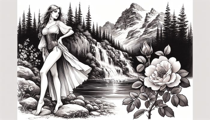 Botanical Ink Drawings - Tranquil Woman on Mountain River Bank