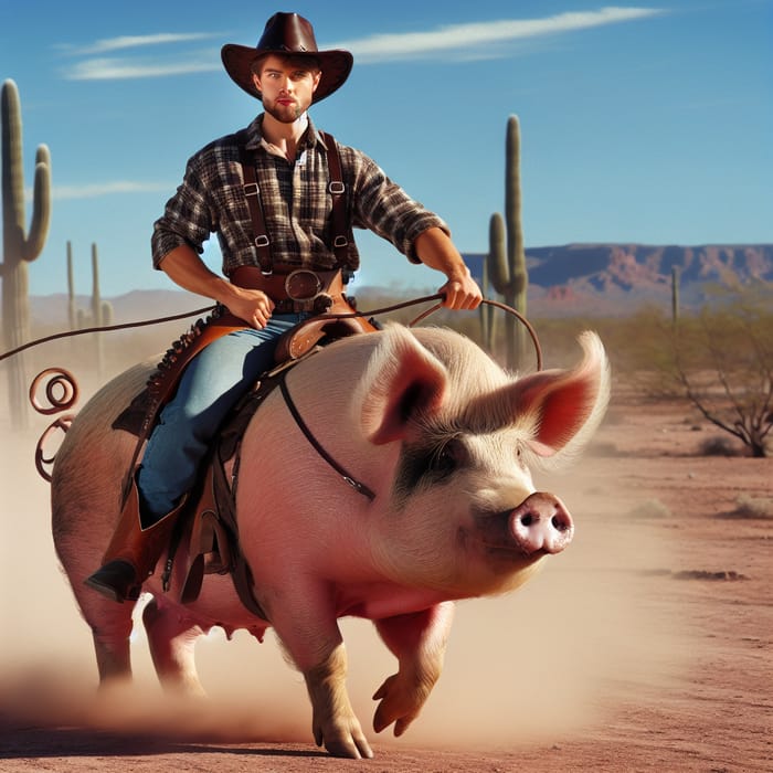 Create a Cowboy Riding a Pig in Desert - Unique Western Scene
