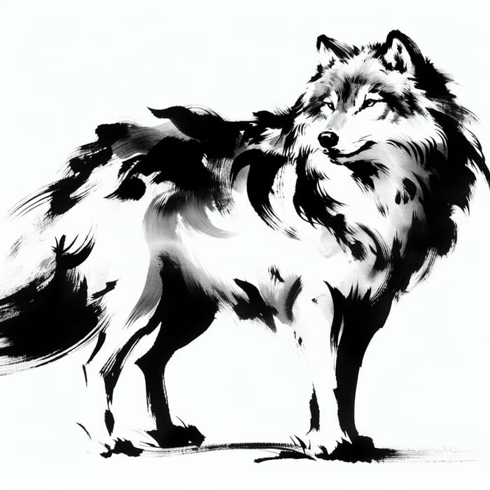 Dynamic and Powerful Wolf in Traditional Japanese Ink Art