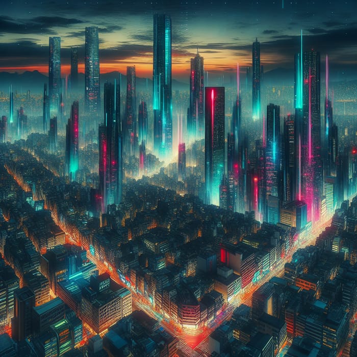 Futuristic Cyberpunk Cityscape at Dusk - Vibrant Neon Skyscrapers