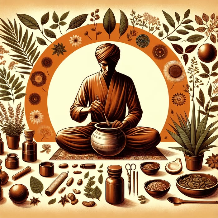 Tranquil Ayurvedic Illustration: Healing Herbs & Meditative Practices