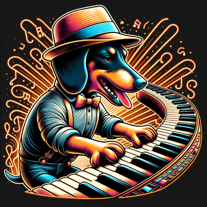 Vibrant Cartoon Dachshund Musician Rocking Out on Keyboard