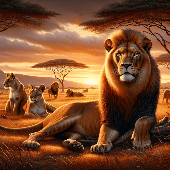 Majestic Lions Art - Regal Male and Lithe Lionesses