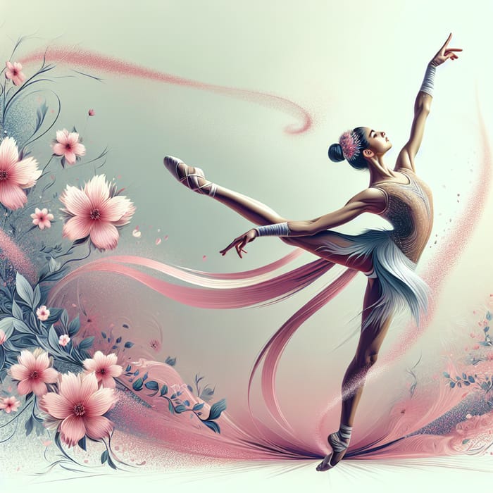 Elegant Rhythmic Gymnast in Jumping Pose Amid Pink Flowers