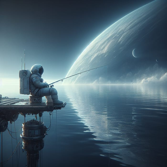 Astronaut Fishing on Spaceship Over Water