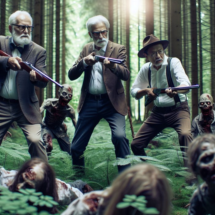 Three Grandfathers Fighting Zombies in Lush Forest