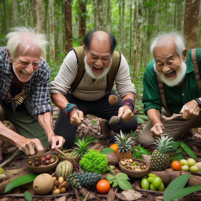 Elderly Grandfathers Competing for Forest Fruits