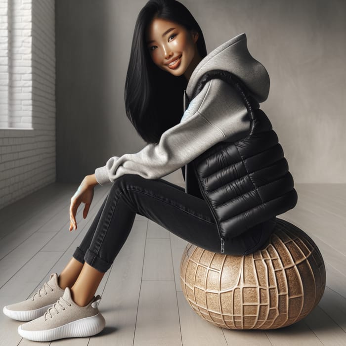 Confident Asian Girl in Grey Hoodie on Peanut Yoga Ball
