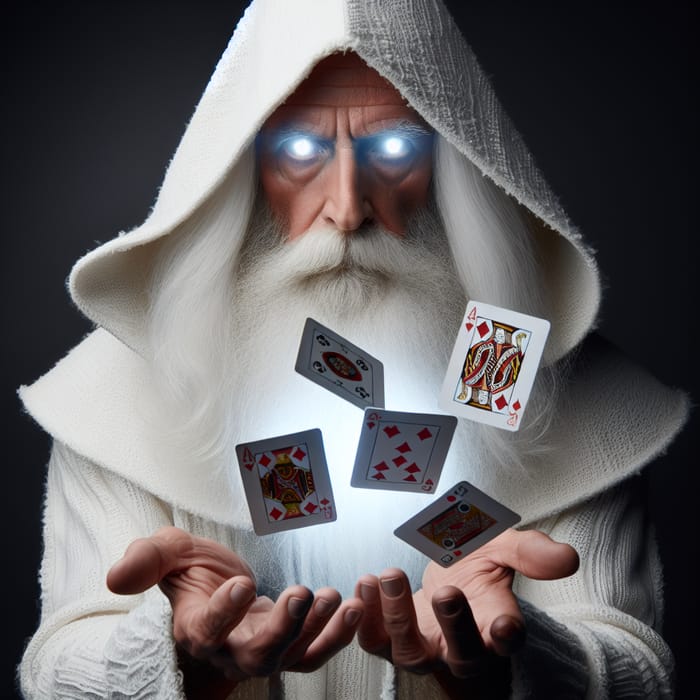 Mystical White Wizard with Hooded Cloak and Poker Card Magic