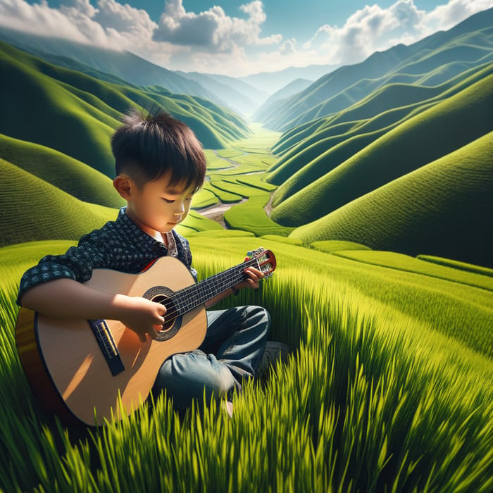 Young Asian Boy Playing Guitar in Enchanting Valley