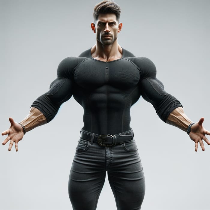 Muscular Man in Black Shirt with Raised Arms, Gray Pants