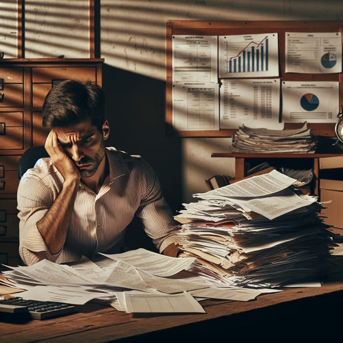 Stressed Accountant Sorting Unpaid Invoices for Review