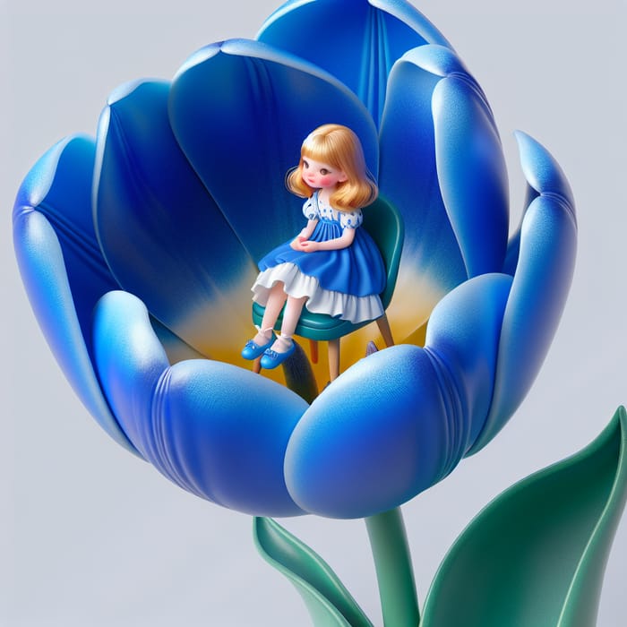 Blue Tulip with Tiny Girl in Blue Dress Illustration