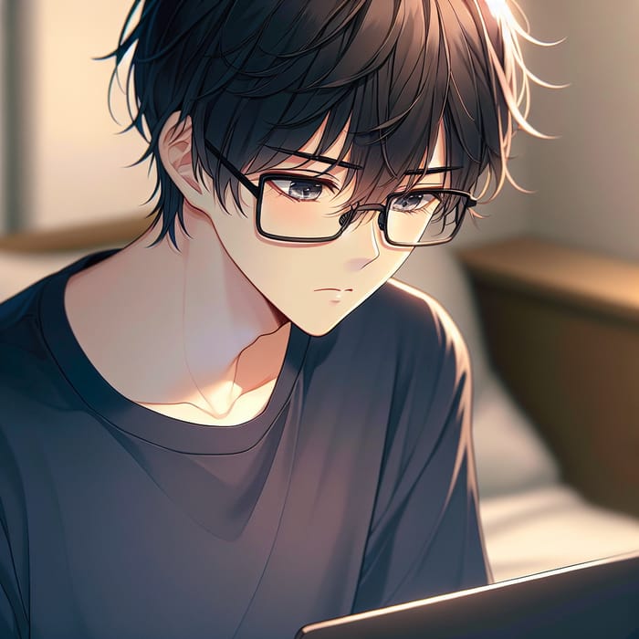 Anime Boy Working on Laptop in Dark Blue T-Shirt