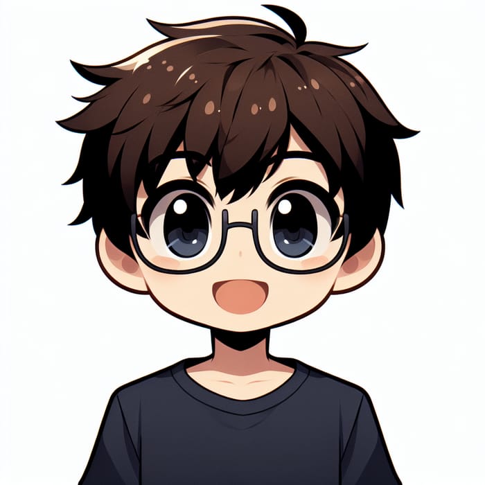Cheerful Anime Boy with Dark Blue T-shirt and Glasses