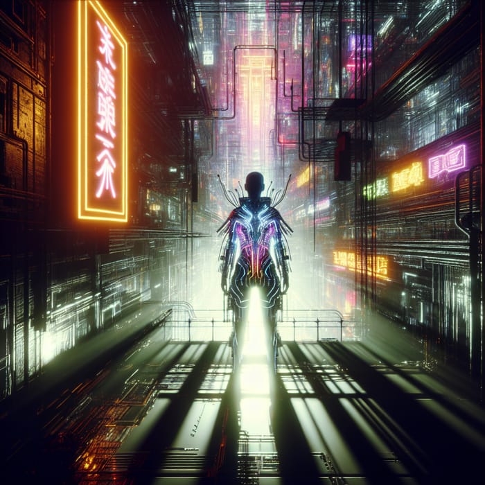 Cyberpunk Person with Neon Sign and Cyber-Implants