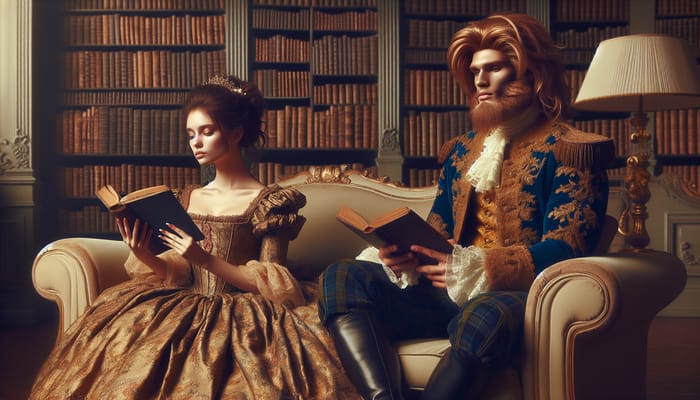 Vintage Fairy Tale Characters Reading in Library | Disney Belle & Adam