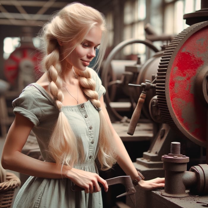 Blonde Worker in USSR with Ponytails in Sundress