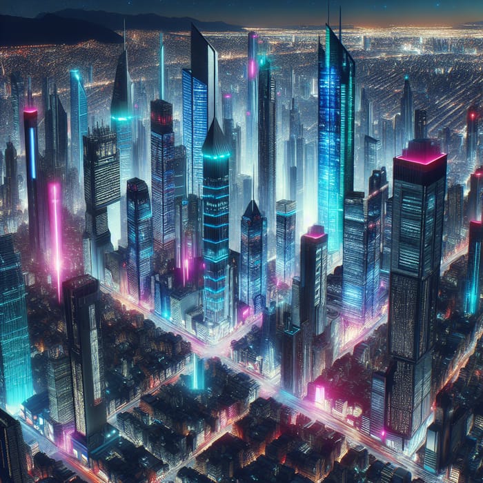 Futuristic Cyberpunk City | Vibrant Neon Skyscrapers - Aerial Shot