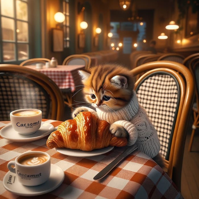 Quaint Cafe Scene with Cute Kitten Enjoying Croissant