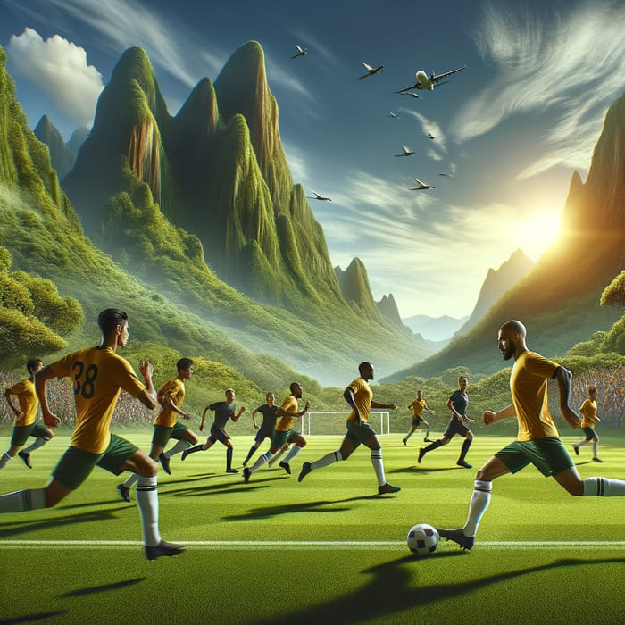 Yellow Jersey Football Match on Green Field with Mountain View